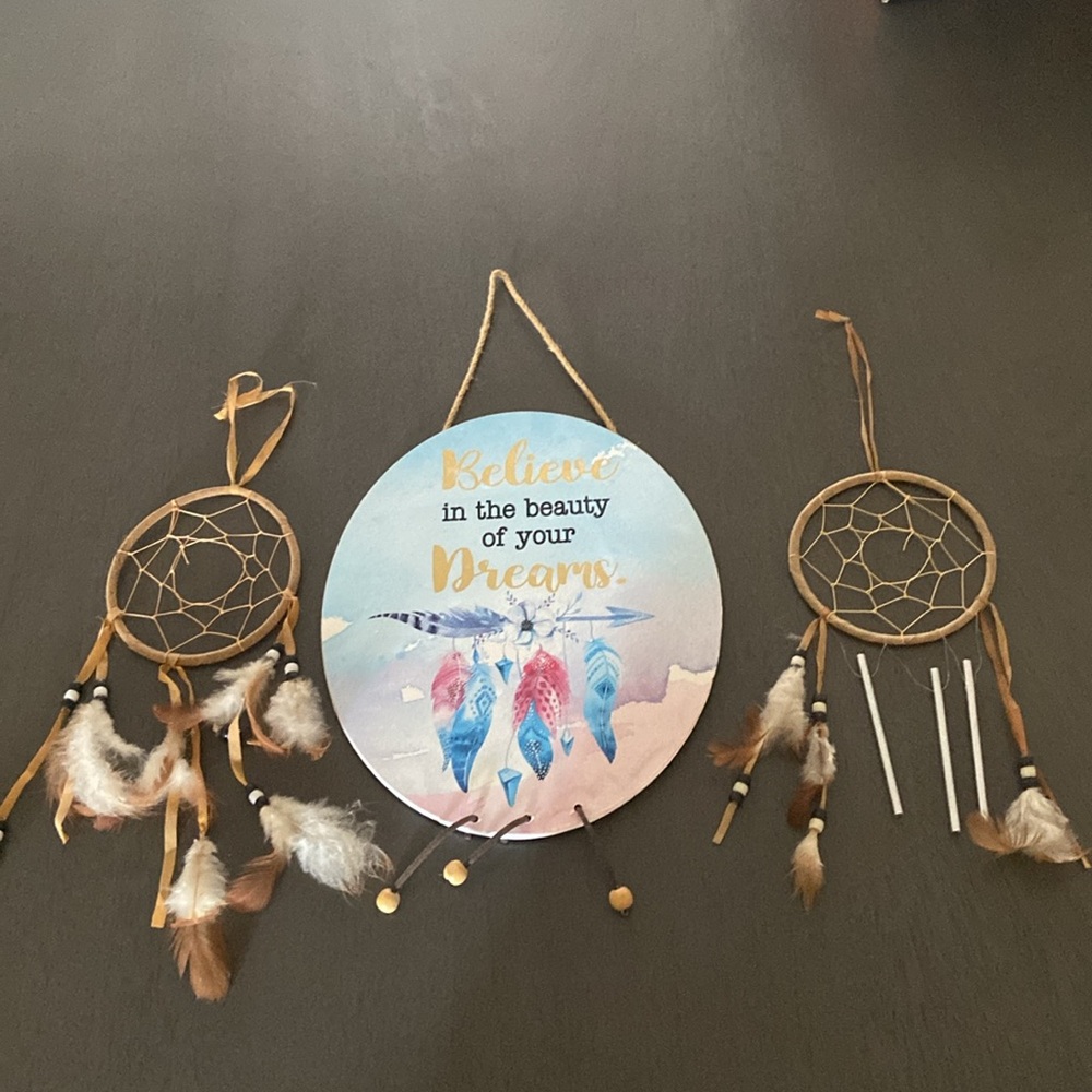 Three piece set of hanging dream catchers. Larger sign is 14x7.